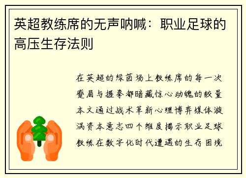 英超教练席的无声呐喊：职业足球的高压生存法则
